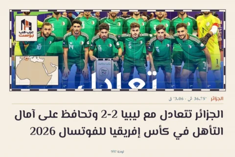 الجزائر تتعادل مع ليبيا 2-2 وتحافظ على آمال التأهل في كأس إفريقيا للفوتسال 2026